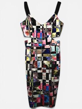 Milly Cubist Print Sheath Dress Sz 4 EUC Side Cut-out Back Zip Fitted